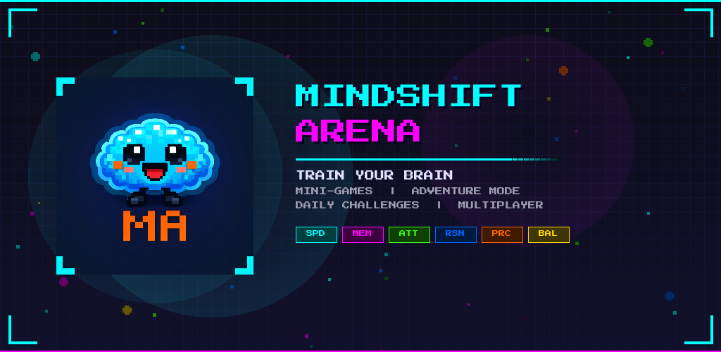 Copertina di MindShift Arena: il cervello in pixel art accanto al titolo del gioco e alle sei abilità allenate.