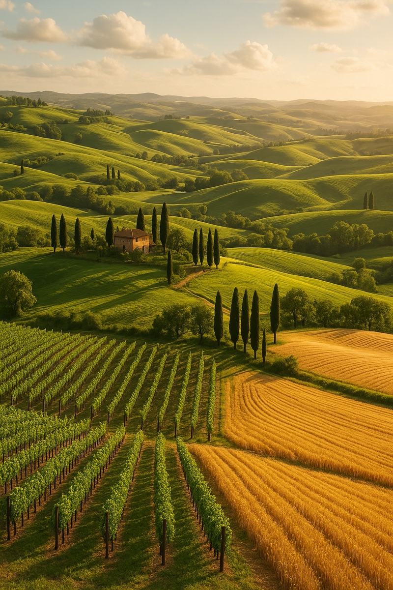 Illustrazione di un paesaggio collinare usata come copertina di viaggio.